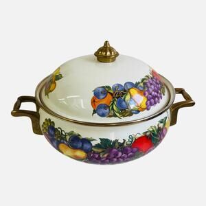 Vintage CORNUCOPIA ENAMEL 2 Qt Fruit Motif Casserole Matching Lid Brass Handles